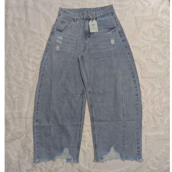 👖 NiMin Barrel Jeans Light Wash w/ Frayed Hem – Size Small – NWT - Picture 2 of 5